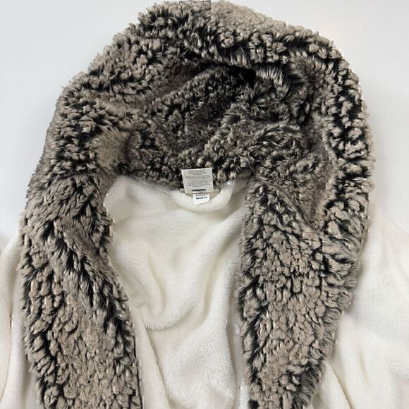 Vegan Pottery Barn Spa Comfy Faux Fur Wrap Around Tie Fleece Robe w Hood, Sz. L - Picture 10 of 11